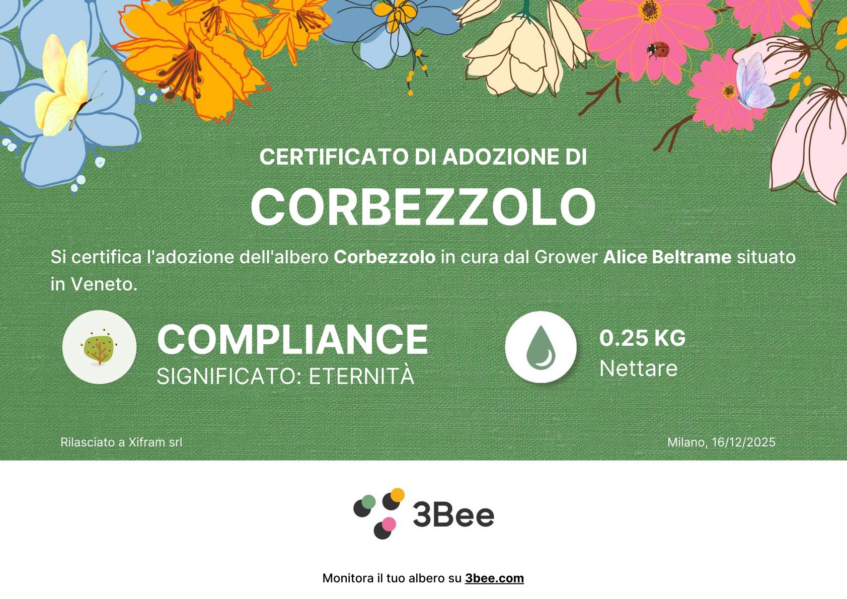 Certificato 3Bee di adozione dell'albero Corbezzolo, Compliance