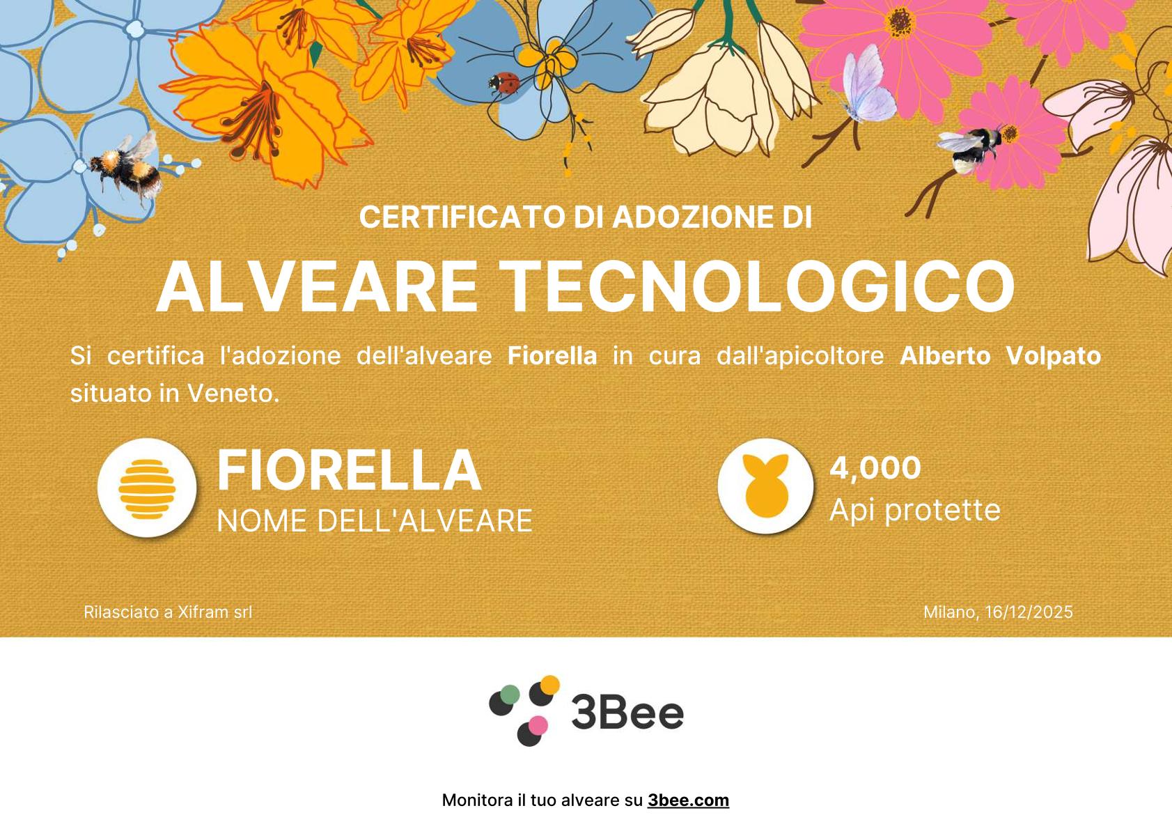 Certificato 3Bee di adozione dell'alveare Fiorella